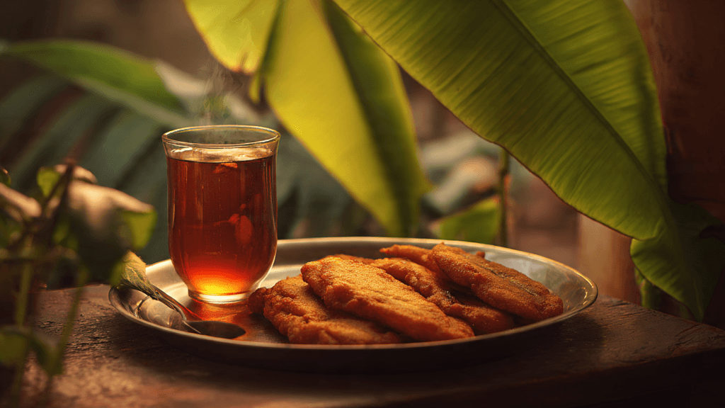 Kerala evening tea setup with Pazham Pori and black tea