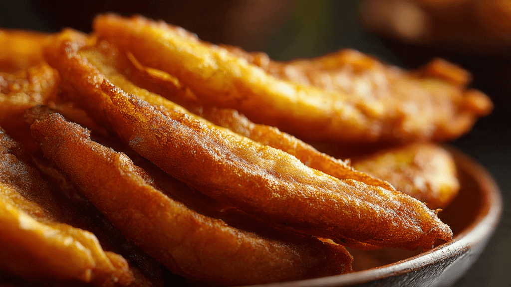 Close-up of crispy Kerala Pazham Pori banana fritters