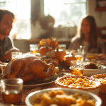 Beautiful Thanksgiving meal ideas featuring roast turkey, mashed potatoes, cranberry sauce, and pumpkin pie on a festive fall table.