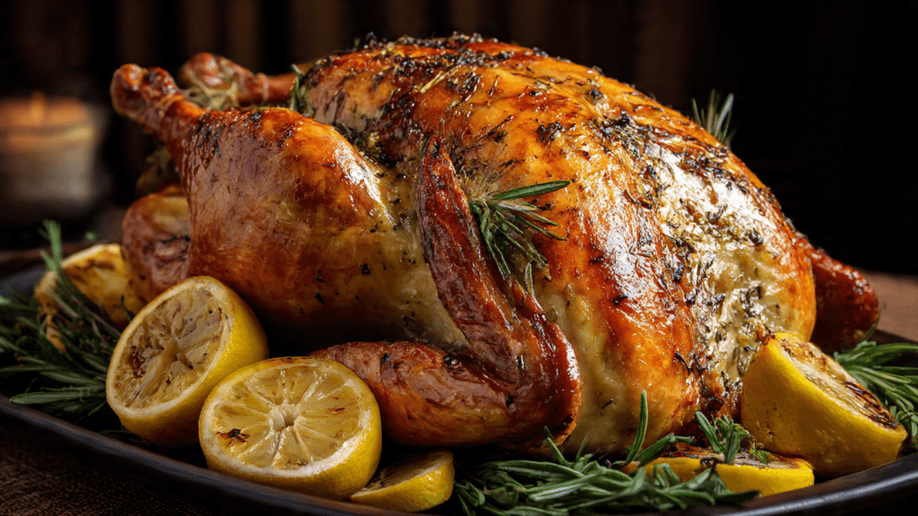 Thanksgiving dinner table with roast turkey