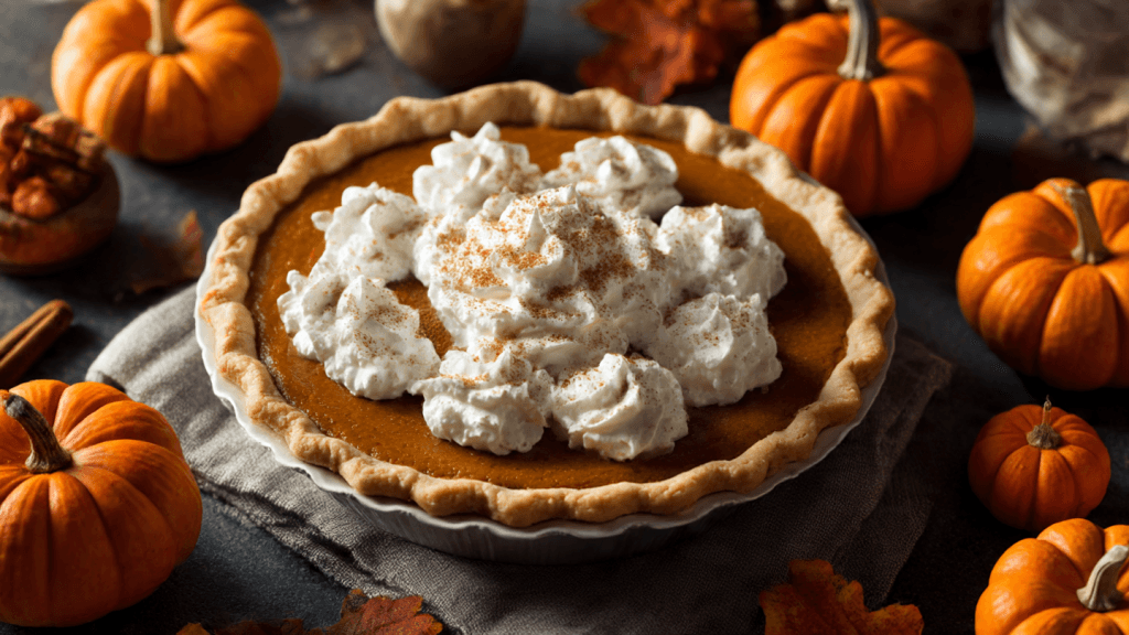 Homemade pumpkin pie topped with whipped cream and cinnamon for Thanksgiving dessert.