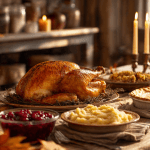 Beautiful Thanksgiving meal ideas with roast turkey, mashed potatoes, cranberry sauce, and pumpkin pie on a festive table.