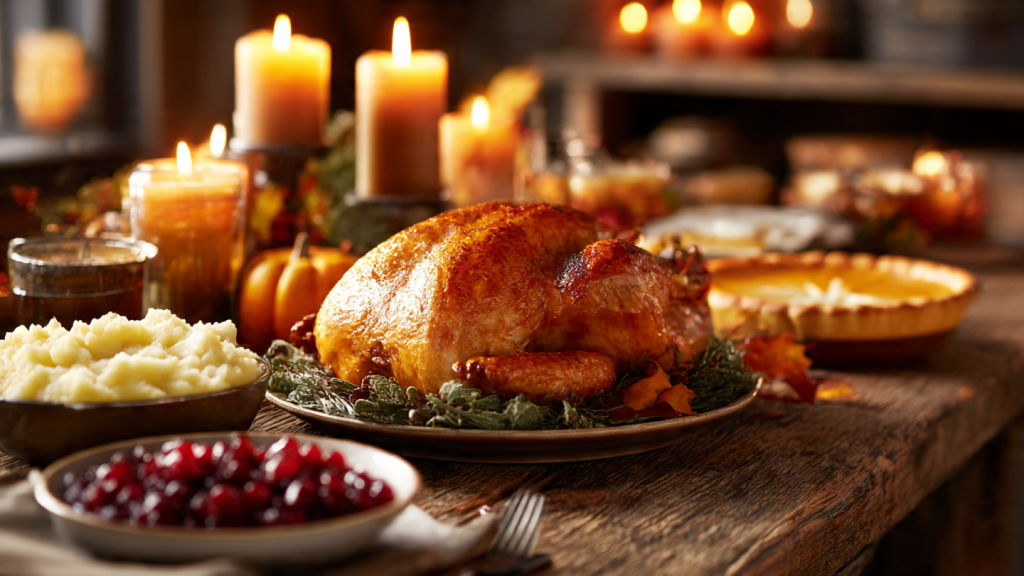 Beautiful Thanksgiving meal ideas featuring roast turkey, mashed potatoes, cranberry sauce, and pumpkin pie on a festive fall table.