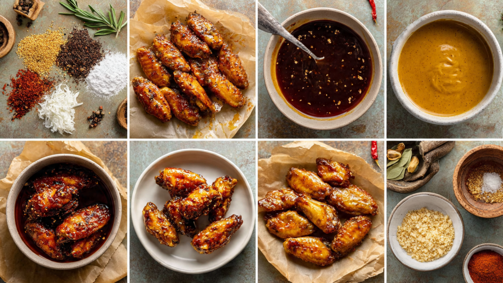 A visual collage showing all steps of making spicy glazed chicken wings: prepping, seasoning, baking, making glaze, tossing, and serving. Clean layout with labeled sections, food photography style.