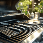 Clean stainless steel backyard grill shining in the sunlight with grilling tools arranged neatly.