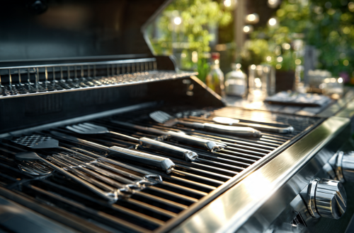 Clean stainless steel backyard grill shining in the sunlight with grilling tools arranged neatly.