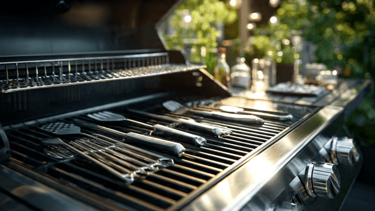Clean stainless steel backyard grill shining in the sunlight with grilling tools arranged neatly.