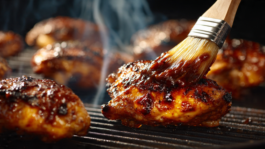 Basting grilled chicken with barbecue sauce over charcoal