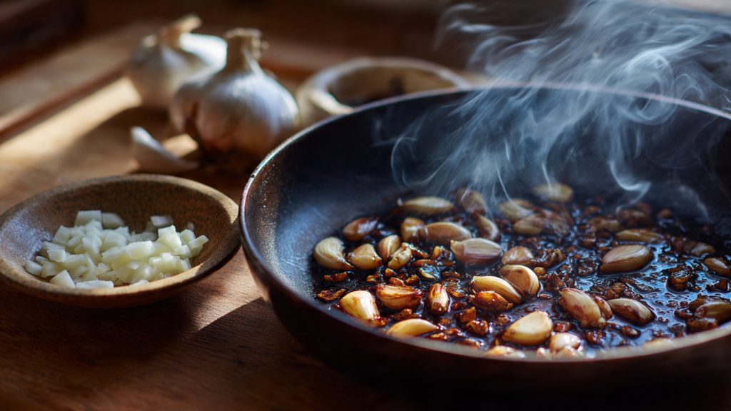 Burnt garlic in frying pan showing common cooking mistake