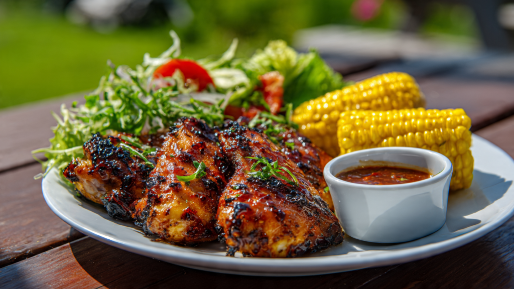 Charcoal grilled chicken served with sides