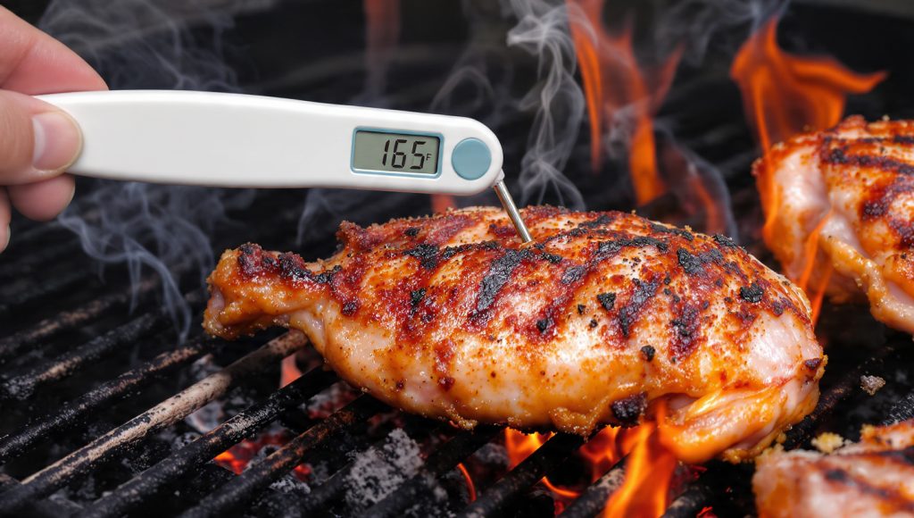 Checking chicken temperature while grilling on charcoal