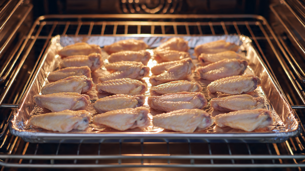 Chicken wings neatly arranged in a single layer on a wire rack set over a foil-lined baking sheet. The oven is open in the background, ready for baking. Bright kitchen lighting, top-down view.