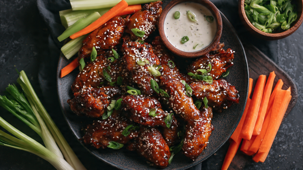 Finished spicy glazed chicken wings plated with sesame seeds and green onions on top. A small bowl of ranch dressing on the side with celery and carrot sticks. Overhead shot, styled for a food blog.