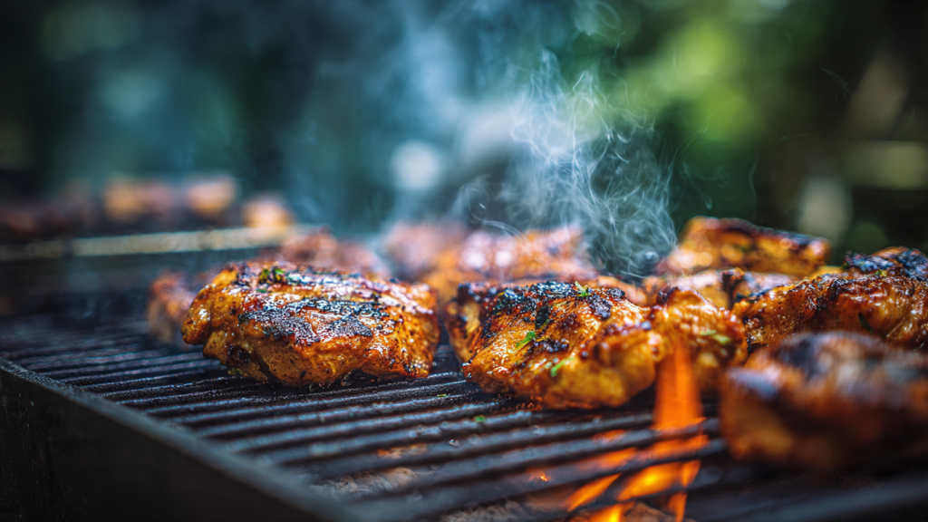 Grilling chicken on charcoal with smoky flavor