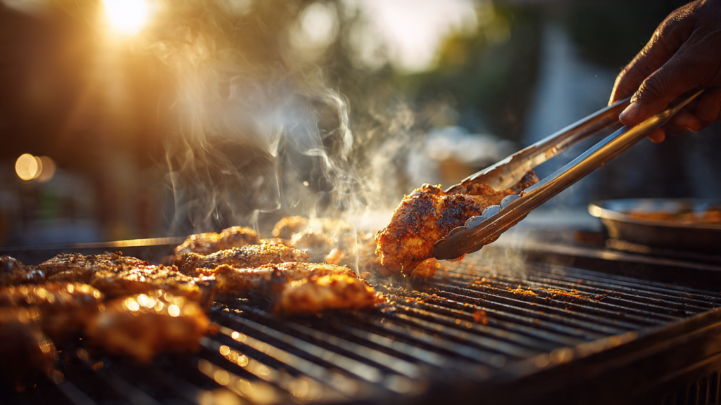 Placing seasoned chicken on hot charcoal grill