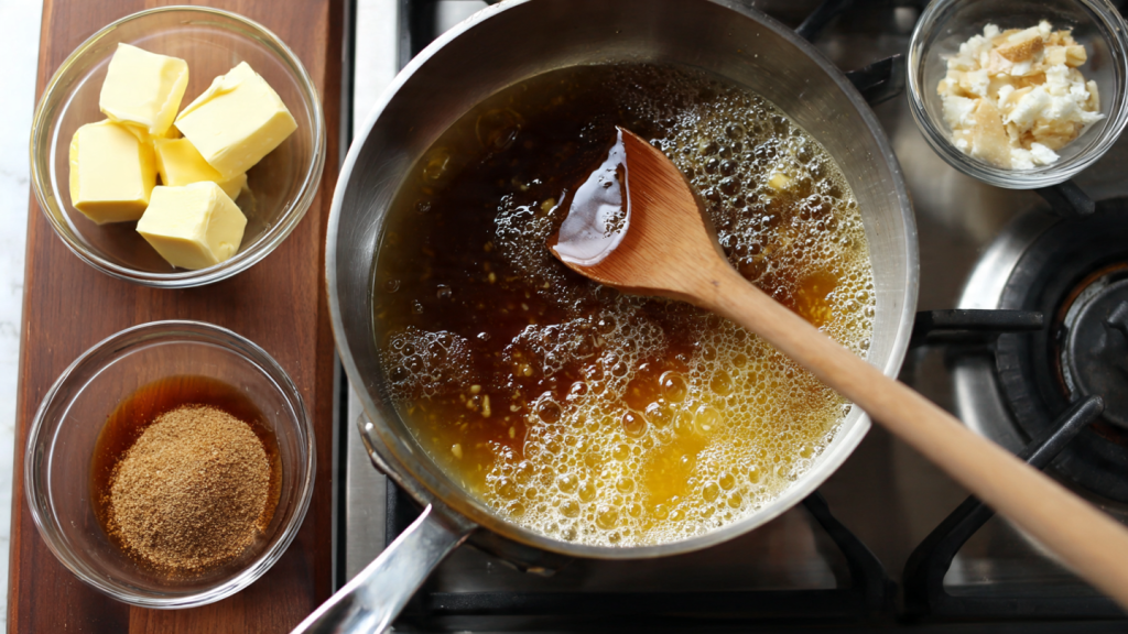 Saucepan on the stove with butter melting and garlic, ginger, honey, sriracha, and soy sauce bubbling into a thick glaze. Overhead view with a wooden spoon stirring the mixture.