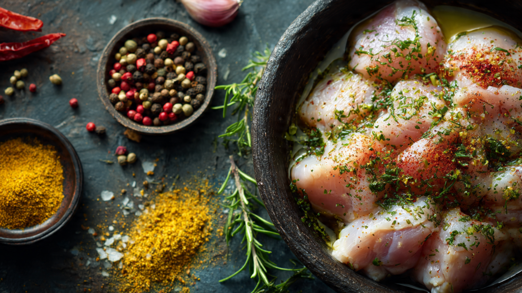 Seasoning chicken before grilling on charcoal
